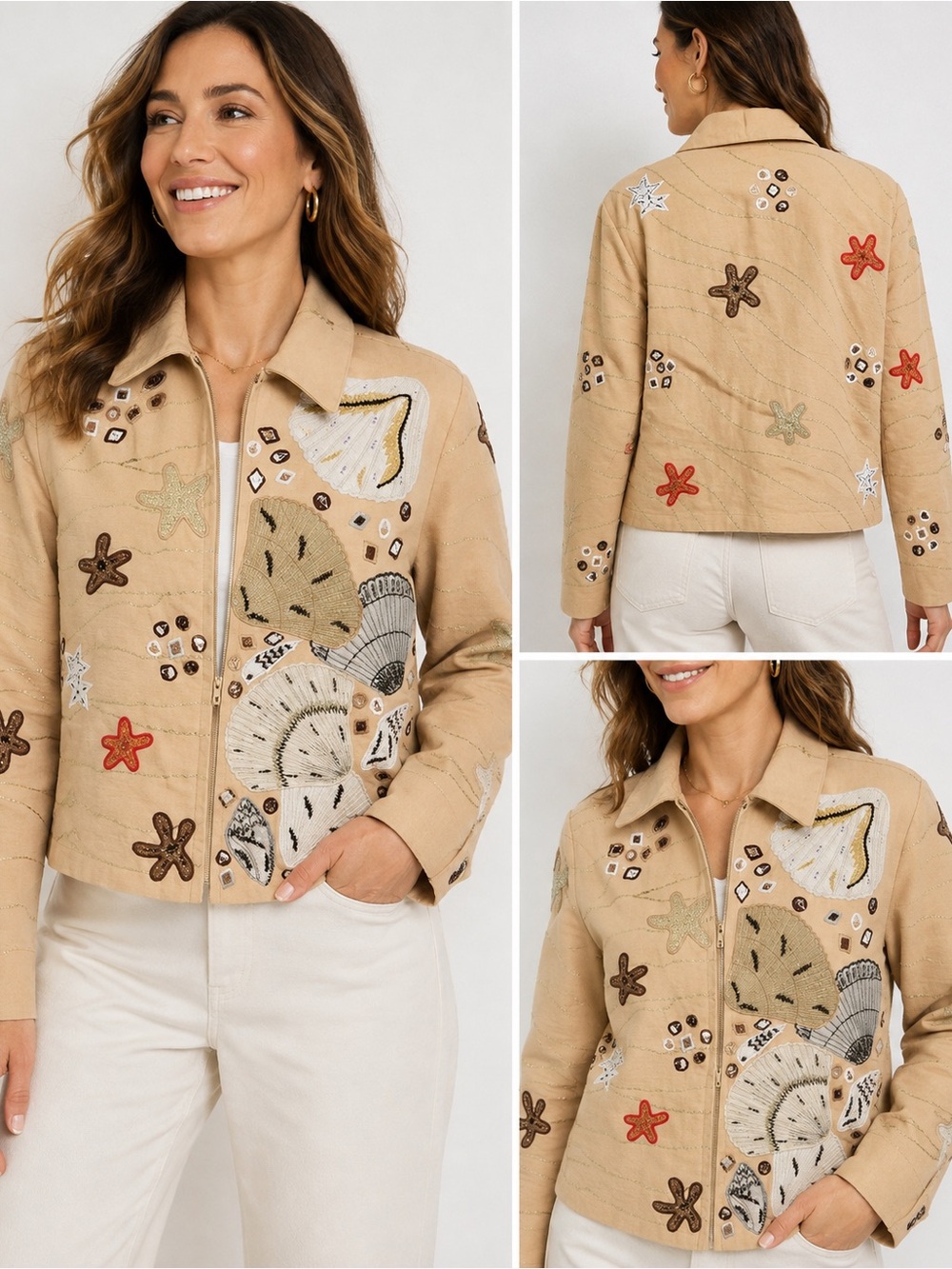 Vintage Anage Embroidered Seashell & Starfish Zip Jacket Medium Coastal Beach